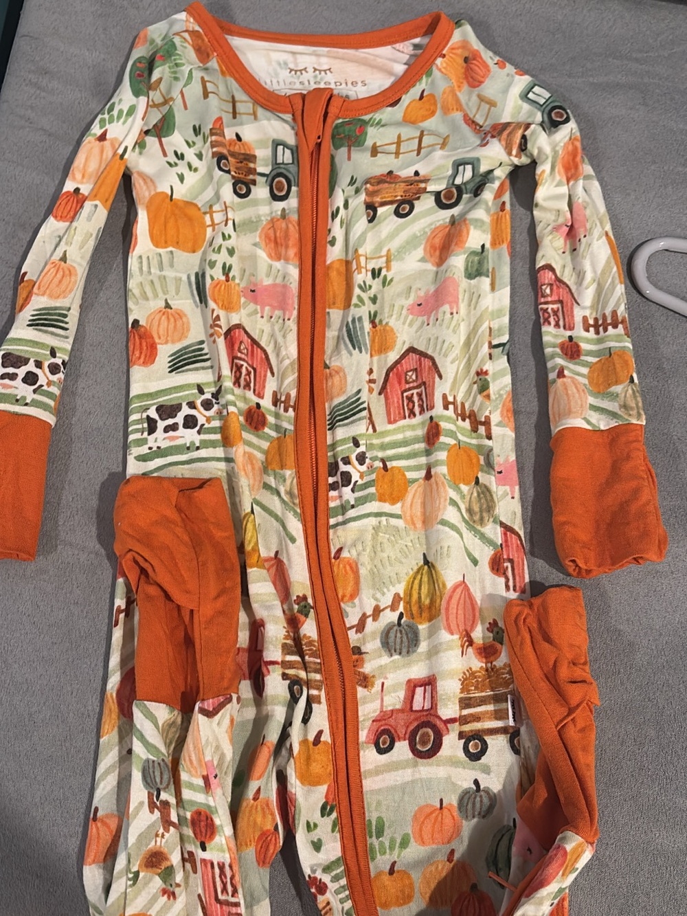 Little Sleepies Orange Trim Farmyard Pumpkin Print Footie